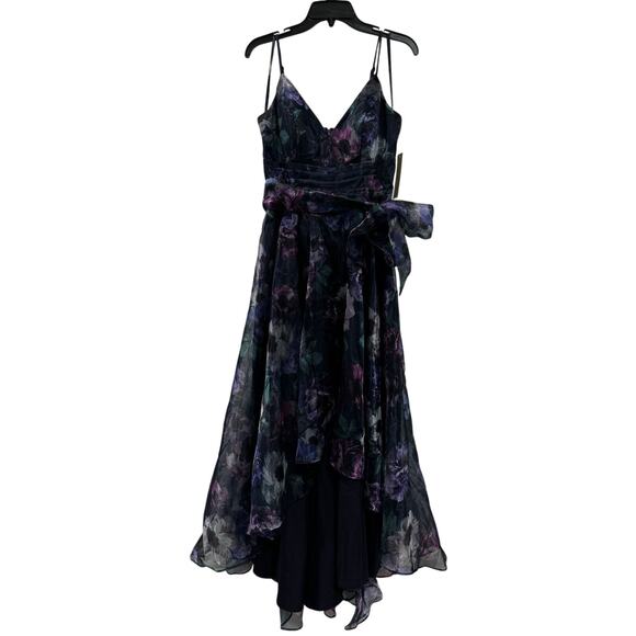 Eliza J Floral Print Sleeveless High Low Ethereal Whimsical Gown Navy NWT 8 - Picture 3 of 10